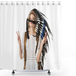 Personality  Pretty Boho Girl In Indian Headdress Showing Peace Signs Isolated On White Shower Curtains