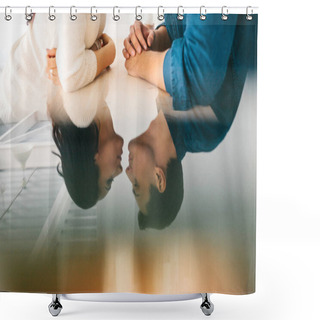 Personality  Detachment Of A Young Beautiful Couple Sitting And Talking. Conceptual Image Of Communication Between A Man And A Woman. Interaction Between People. Shower Curtains