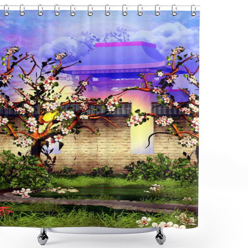 Personality  Cherry Trees Blossom In Front Of The Mountain Temple Brick Wall Shower Curtains