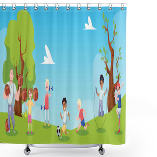 Personality  School Outdoor PE Lesson On Sports Ground, Flat Cartoon Vector Illustration. Children With Teacher Doing Sports Exercises At A Physical Education Lesson. Shower Curtains