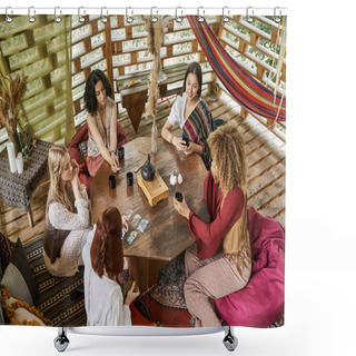 Personality  Multiethnic Boho Style Girlfriends At Wooden Table With Tarot Cards And Tea In Retreat Center Shower Curtains
