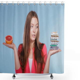 Personality  Woman With Diet Weight Loss Pills And Grapefruit. Shower Curtains
