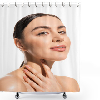 Personality  Brunette Young Woman With Bare Shoulders And Natural Makeup Looking At Camera While Touching Neck Isolated On White  Shower Curtains