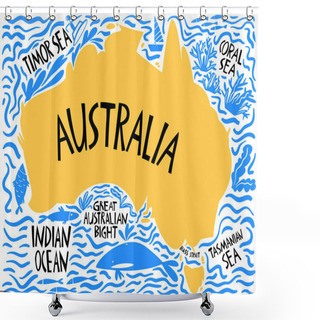 Personality  Vector Hand Drawn Stylized Map Of Australia. Travel Illustration Of Commonwealth Of Australia And Waters. Hand Drawn Lettering Illustration. South Lands Map Element Shower Curtains