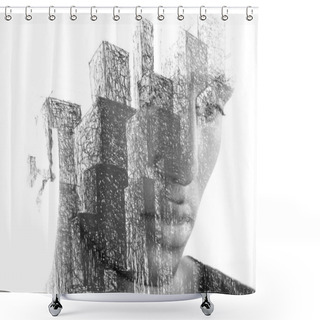 Personality  Paintography. A Portrait Of A Young Man Combined With A Drawing Of Skyscrapers Shower Curtains