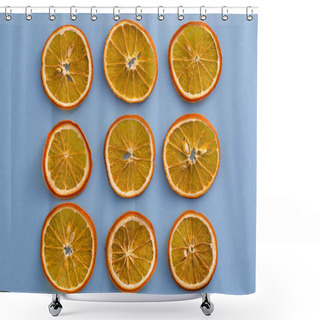 Personality  Dried Slices Oranges Citrus Fruit On Light Blue Background. Homemade Natural Aroma Decor. Concept Of Holiday. Marry Christmas. Close Up, Flat Lay, Top View. Shower Curtains