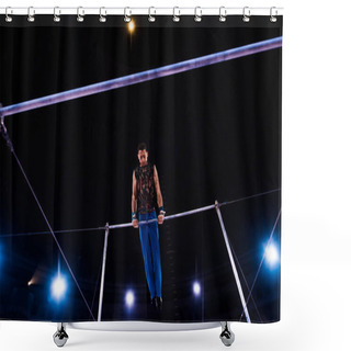 Personality  Low Angle View Of Athletic Gymnast Performing On Horizontal Bars In Arena Of Circus   Shower Curtains