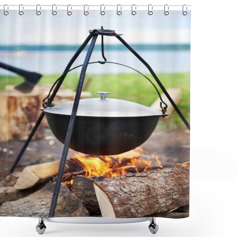 Personality  Hiking Landscape With Bonfire, Pot And Ax Shower Curtains
