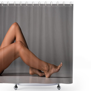 Personality  Partial View Of Sexy Barefoot Young Woman Sitting On Grey Shower Curtains