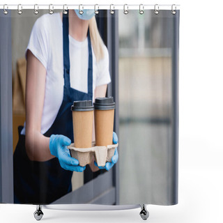 Personality  Cropped View Of Waitress Holding Paper Cups Near Window Of Cafe Shower Curtains