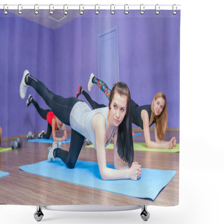 Personality  Fitness Woman In The Group. Gym Class. Stretching The Legs, Aerobics Shower Curtains