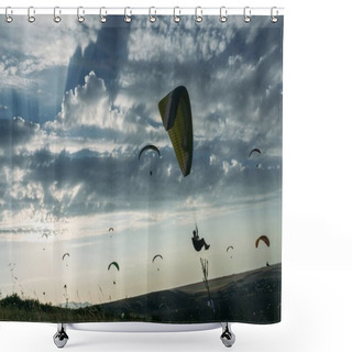 Personality  Mountainous Landscape With Paratroopers Flying In The Sky, Crimea, Ukraine, May 2013 Shower Curtains