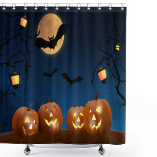 Personality  Halloween Background Scene With Full Moon, Pumpkins And Bats Shower Curtains