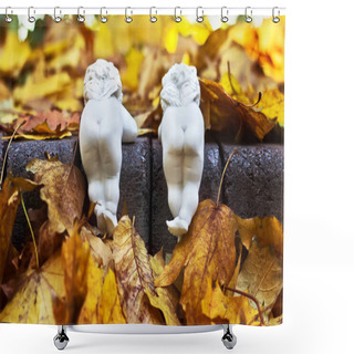 Personality  Funny White Ceramic Angels With Small Wings Are Back View In Autumn Park. Shower Curtains