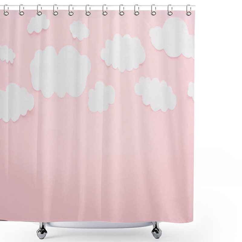 Personality  top view of white paper clouds isolated on pink with copy space shower curtains