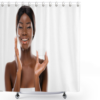 Personality  African American Woman Applying Cosmetic Cream On Face Isolated On White Shower Curtains