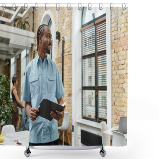 Personality  Happy African Man Holding Folder, Analyzing Project, Looking At Window, Coworking, Startup Shower Curtains