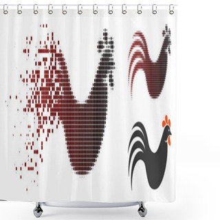 Personality  Rooster Icon In Dispersed, Dotted Halftone And Undamaged Entire Versions. Points Are Composed Into Vector Dispersed Rooster Pictogram. Shower Curtains