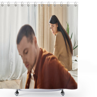 Personality  Displeased Frowning Asian Woman Looking At Young Upset Husband In Bedroom At Home, Divorce Concept Shower Curtains