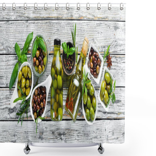 Personality  Olive Oil And Olives On A White Wooden Background. Top View. Free Space For Your Text. Shower Curtains