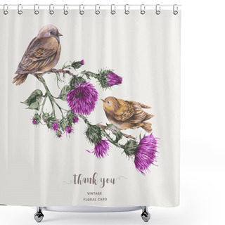 Personality  Vector Watercolor Bird On A Branch With Thistle Greeting Card. Vintage Botanical Illustration. Shower Curtains