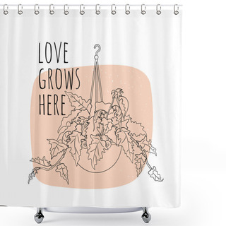 Personality  Minimalist Boho Illustration Of Quote Love Grows Here With Black Line Art Potted House Plant Gynura And Pink Textured Abstract Shape Background Shower Curtains