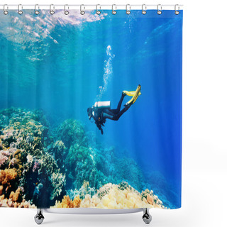 Personality  Female Scuba Diver Swimming Under Water Shower Curtains