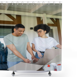 Personality  African American Woman Pointing At Carton Box Near Boyfriend During Moving In New House Shower Curtains