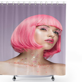 Personality  Attractive Woman With Pink Hair And Pink Eyelashes Looking Up Isolated On Violet Shower Curtains
