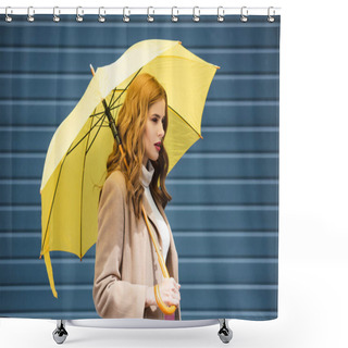 Personality  Attractive Woman In Coat Looking Away And Holding Yellow Umbrella  Shower Curtains