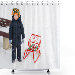 Personality  Little Boy In The Snow With His Toboggan Shower Curtains