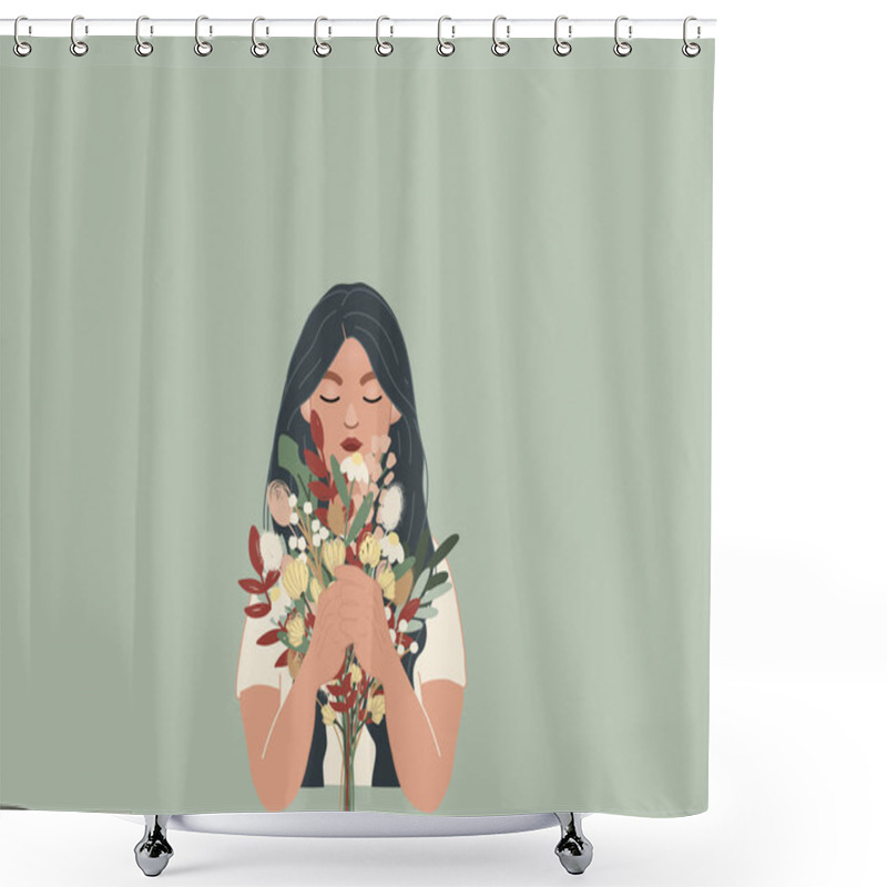 Personality  Illustration Of Woman Holding Bouquet Of Flowers On Grey Background  Shower Curtains