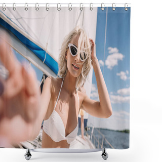 Personality  Selective Focus Of Beautiful Girl In Swimwear And Sunglasses Smiling At Camera On Yacht Shower Curtains