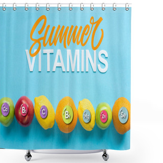 Personality  Top View Of Ripe Fruits In Line And Summer Vitamins Illustration On Blue Background Shower Curtains