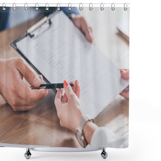Personality  Cropped View Of Woman Taking Clipboard And Pen From Businessman Shower Curtains