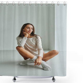 Personality  Smiling Young Woman In Socks And Long Sleeve Shirt Sitting On Floor At Home And Looking Away Shower Curtains