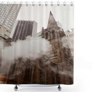 Personality  Low Angle View Of Red Brick Catholic Church Near Skyscrapers And Steam On New York City Street Shower Curtains