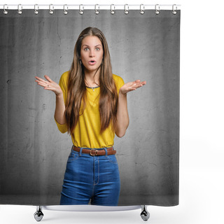 Personality  Woman Shrugs Shoulders With Palms Up And Astonished Expression Shower Curtains