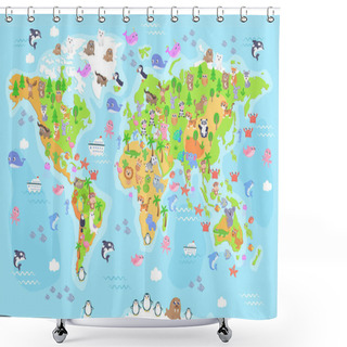 Personality  Vector Illustration Of World Map With Animals For Kids. Flat Design. Shower Curtains