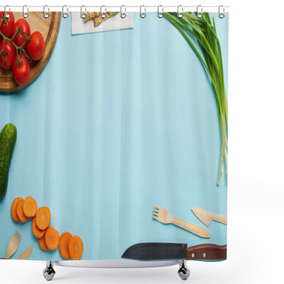 Personality  Top View Of Assorted Fresh Vegetables, Cookies And Cutlery Isolated On Blue Shower Curtains