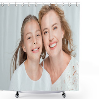 Personality  Attractive And Smiling Mother And Daughter Looking At Camera Isolated On Grey  Shower Curtains