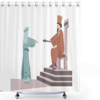 Personality  Vector Drawing Of The Persian King Ahasuerus Extends The Scepter To Queen Esther.One Of The Scenes In A Scroll Read By The Jews On Purim. Shower Curtains