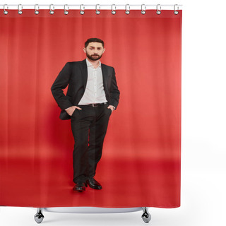 Personality  Confident And Stylish Businessman In Black Suit Standing With Hands In Pockets On Red, Full Length Shower Curtains