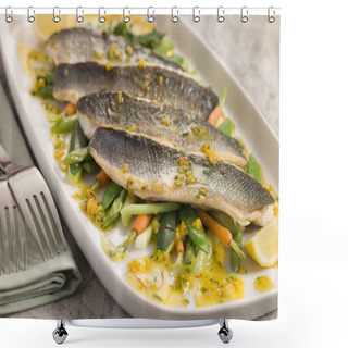 Personality  Fillets Of Sea Bass With Baby Vegetables And Saffron Butter Shower Curtains