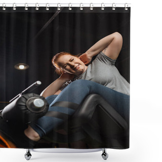 Personality  Low Angle View Of Purposeful Overweight Girl Doing Abs Exercise On Fitness Machine  Shower Curtains
