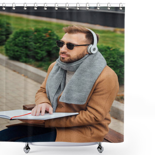 Personality  Blind Man In Headphones Reading Book With Braille Font In Park Shower Curtains