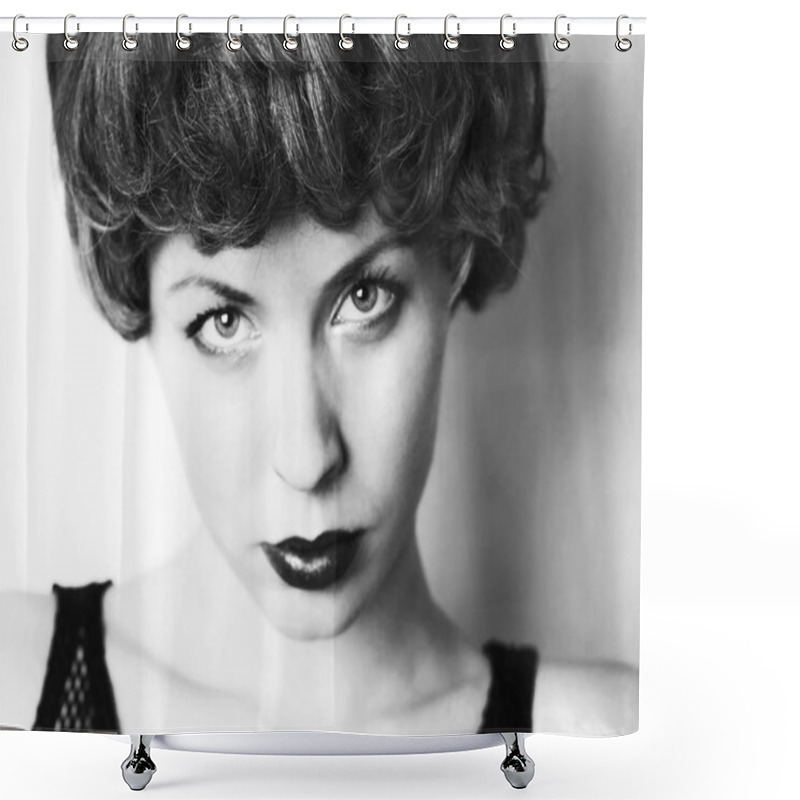 Personality  Vintage like soft focus portrait of a young woman, black and whi shower curtains