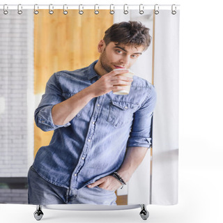 Personality  Handsome Man Holding Paper Cup And Looking At Camera At Cafe  Shower Curtains