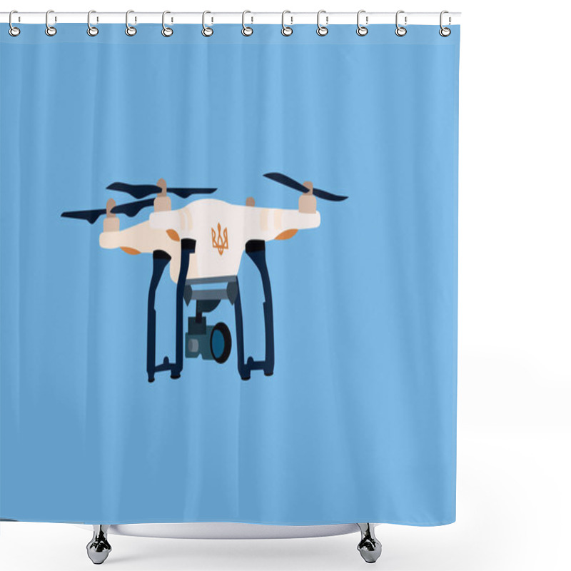Personality  Illustration Of Remote Controlled Military Drone With Ukrainian Trident Symbol And Video Camera On Blue Background  Shower Curtains