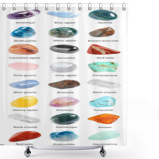 Personality  Collection Of Different Gemstones On White Background Shower Curtains